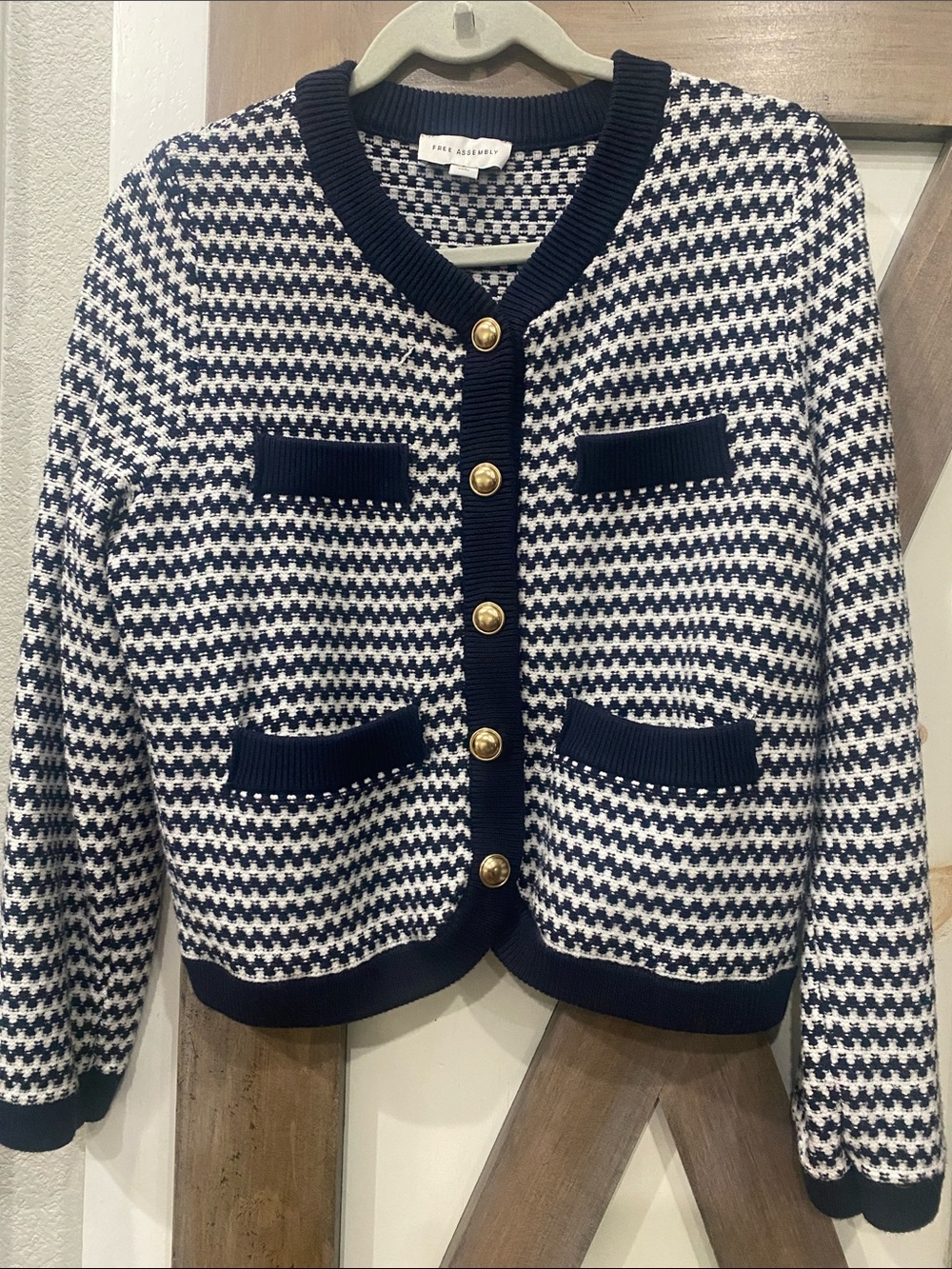 The Assembly Label Navy & White Houndstooth Knit Blazer with Gold Buttons